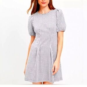 LOFT Gingham Jacquard Short Puff Sleeve Mini Dress Gray White, Size 8